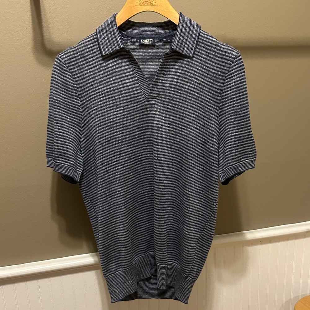 Faherty Navy and Light Gray Striped Short-Sleeve Polo
